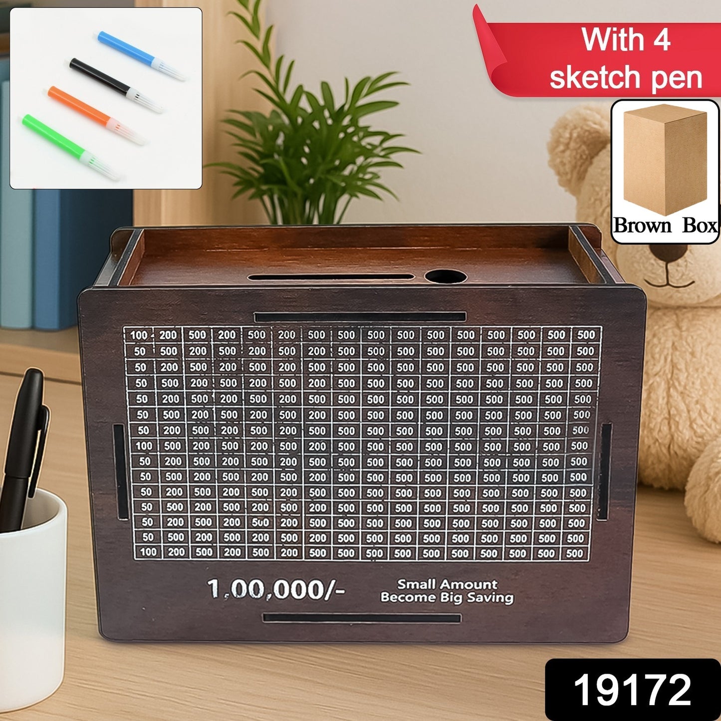 Wooden Money  Piggy Bank Money Box (1 Pc  4 Sketch Pen)
