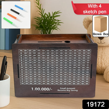 Wooden Money  Piggy Bank Money Box (1 Pc  4 Sketch Pen)