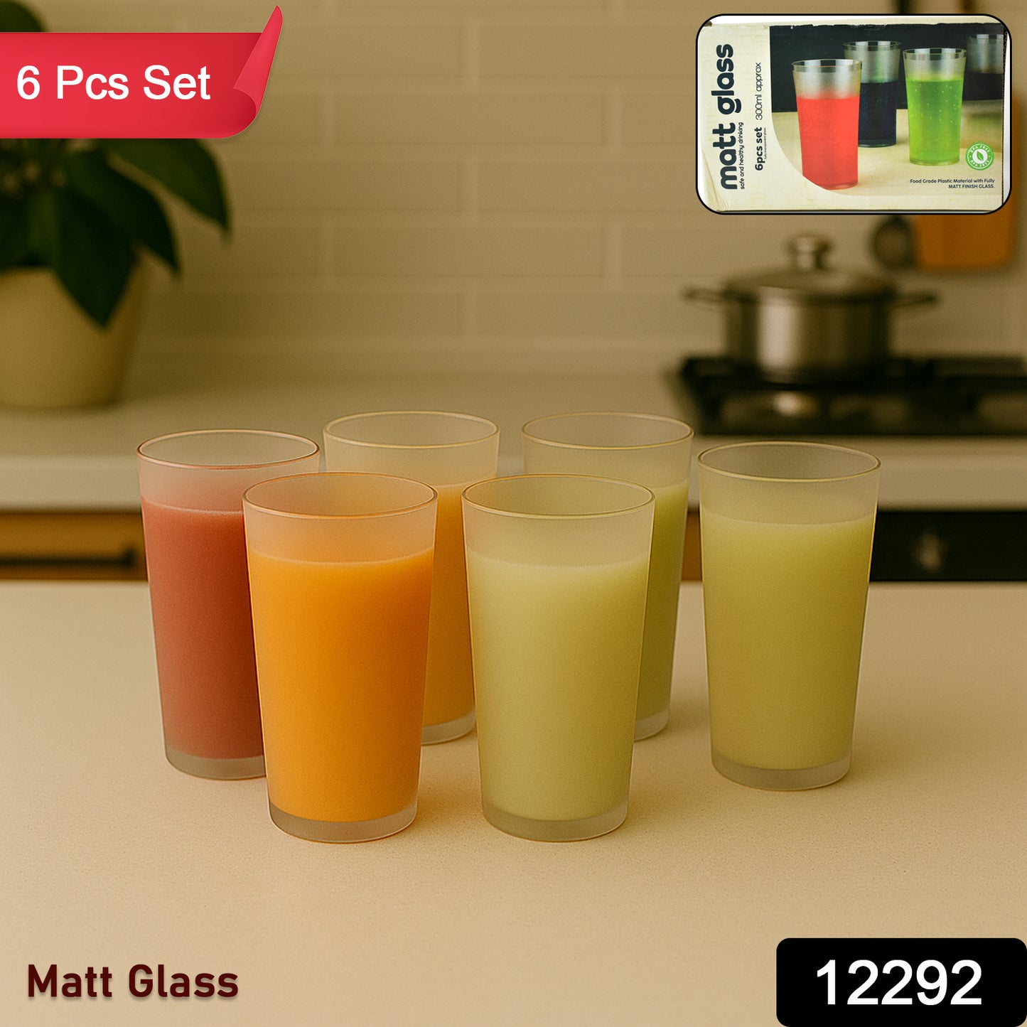Matt Finish Glass Tumbler Set (Approx 300ml  6 Pc)